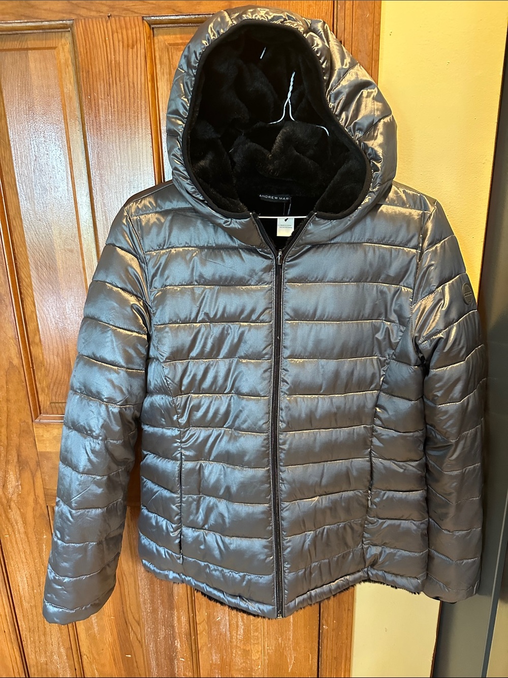 Andrew Marc Woman Metallic Silver Puffer Jacket with Hood